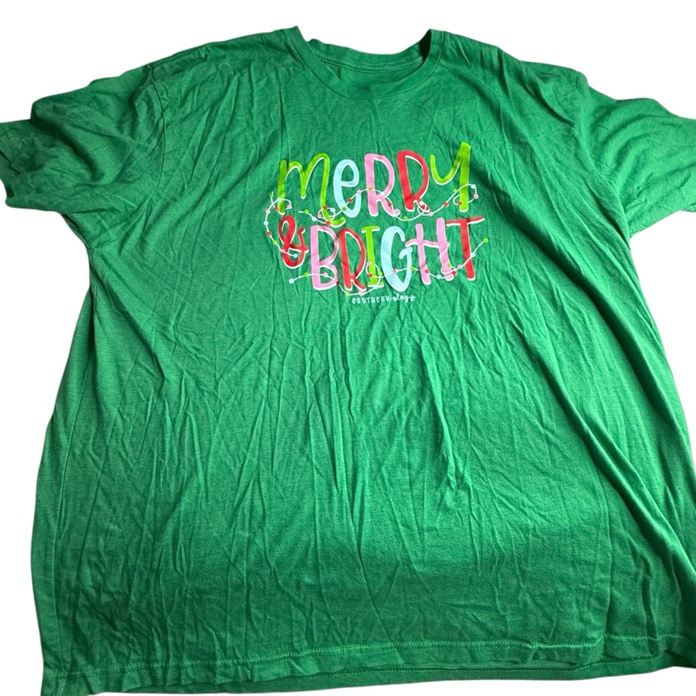 Southernology Merry & Bright Christmas T-Shirt Green Graphic Tee‎ Womens XL